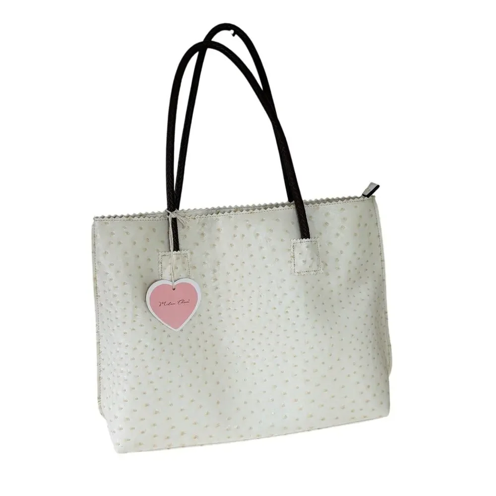 NWT Womens Milan Chiva Cream Ostrich Vegan Leather Large Shoulder Tote Bag Purse